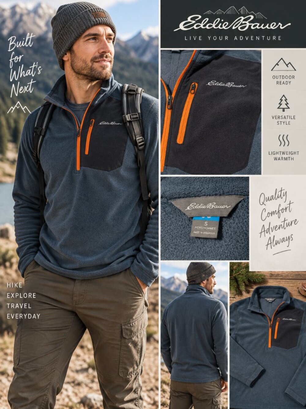 738 - Eddie Bauer Men’s S 1/4 Zip Fleece Pullover Outdoor Hiking